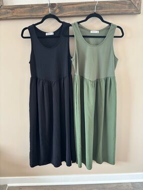 Set of 2 mixed media tank Midi Dress - Black and Olive Green